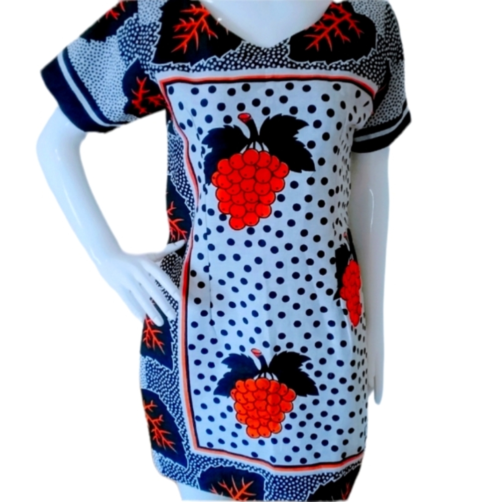Half Sleeve Ankara Fashion Dress, Grapes Fruits Print Mini Summer Dress